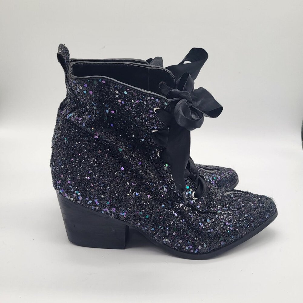 YRU Womens SZ 7 Aura Glitter Heeled Boots Witches Shoes Sparkle Goth Grunge